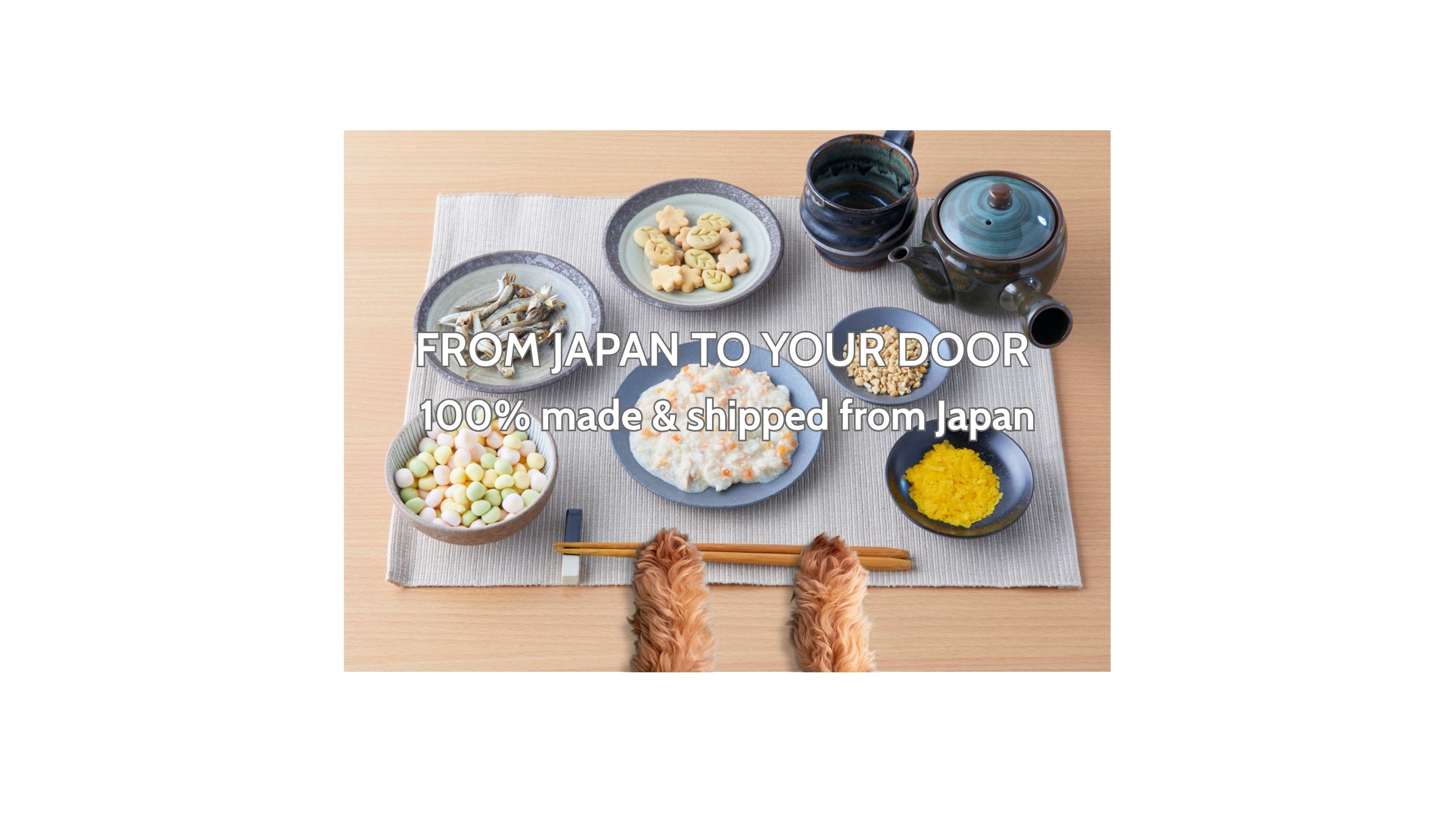 Japanese table with food and a dog